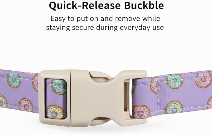 Girl Dog Collar with Unique Purple and Donut Print, Cute Dog Collar for Spring & Summer, Adjustable Pet Collar for Medium Dogs