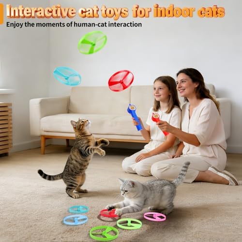 BABORUI Cat Toy Disc Launcher, Rechargeable Interactive Cat Fetch Toy Launcher with 8 Flying Discs, Flying Enrichment Toys for Indoor Bored Kittens & Adult Cats (Blue-1)