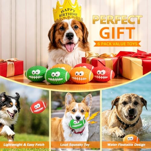 6 Pack Squeaky Dog Football Toys, Interactive Training Toys for Medium & Large Dogs, Soft Teething Fetch Chew Balls with Built-in Squeaker, Indoor Outdoor Water Play, 3 Colors