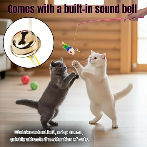 4-Pack Cat Wand Toys with Bells – Interactive Feather Teaser Wands for Indoor Cats & Kittens, Colorful Plush Mouse Lure, 11.8 Inch Fishing Pole Design for Exercise, Hunting & Boredom Relief