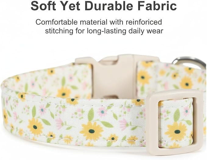 Dog Collar, Unique Floral Dog Collar Girl, Spring Summer Design Pet Collar with Cute Charm, Quick Release Buckle and Durable Fabric, Suitable for Small, Medium and Large Dogs