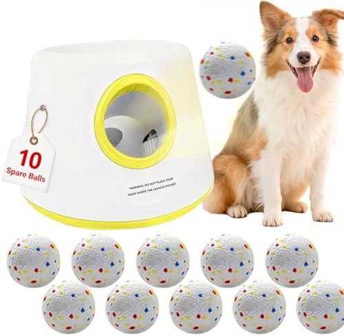 Automatic Dog Ball Launcher for Small/Medium Dogs - Small Silent Design, 3 Distance Settings (20ft/33ft/46ft), Rechargeable, 10 Durable 2.3" Balls Included (Dog Ball Launcher-Yellow)