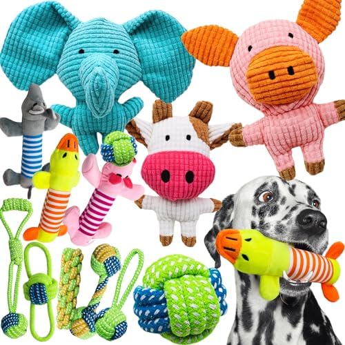 12 Pack Dog Squeaky Toys, Interactive Plush Chew Toys with Rope