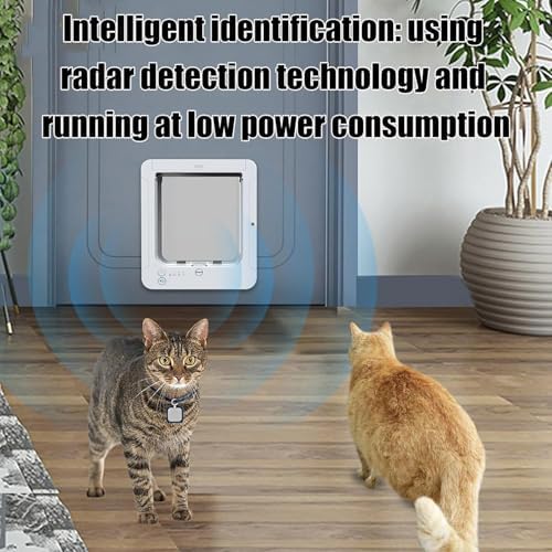 Deluxe Mart Microchip Cat Flap Smart Cat Door with 2 Sensor Collars & 1 Remote Control 4-Way Locking Opening Size 7.7 x 8.3 in for Interior & Exterior Use A