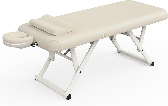 pouseayar Adjustable Massage Table with Face Pillow & Headrest, Sturdy and Solid, Silent and Easy to Adjust for Treatment Table Physical Therapy Table Spa Facial Bed - Adjustable Backrest, Beige Gray