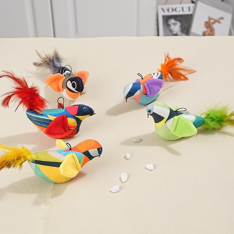 Interactive Chirping Bird Cat Toy, Hanging Door Suction Cup Teaser with Elastic Cord, Plush Feather Swing Toy for Indoor Cats, Exercise and Boredom Relief