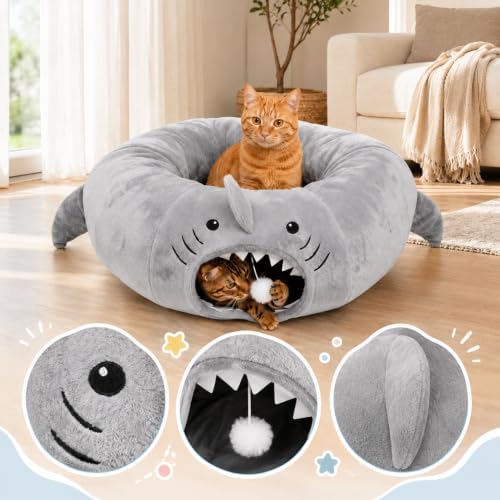 Baseola Fuzzy Cat Tunnel Bed for Indoor Cats, 2-in-1 Interactive Cat Toys