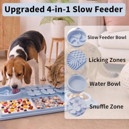 MewaJump Slow Feeder Bowl, 4 in 1 Silicone Lick Mat with Suction Cups for Dog Cat, Snuffle Mat for Pet Smell Training, Puzzle Toys Interactive Sniff Mat for Slow Eating