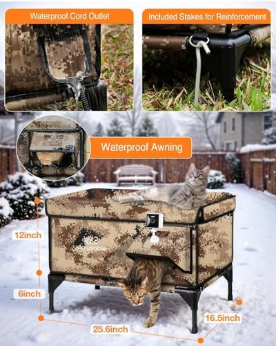 Indestructible Heated Cat House with Pet Camera for Outside Winter, 100% Waterproof, Escape Door, Insulated Outdoor Cat Shelter with Heater for Feral Barn Cat Kitty (Desert Camouflage, 25.5"x16"x18")