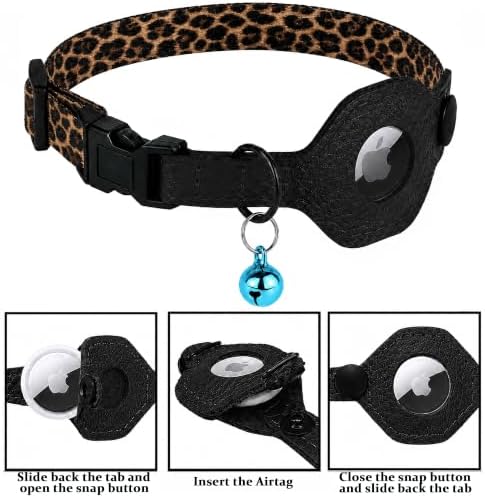 Breakaway Cat Collar with Leather AirTag Holder & Bell - Apple Air Tag Cat Collars for Girls & Boys, Lightweight Anti-Lost GPS Tracker Design, Printed Pattern - Safety and Adjustable (Leopard)