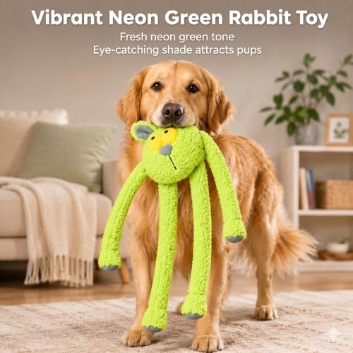 Squeaky Dog Plush Chew Toy, Interactive Tug Squeaky Toy for Chewers, Medium & Large Dogs, 31.5 Inch Stuffed Swinging Rabbit Toy with Stretchable Limbs for Gum Care & Boredom Relief, Neon-Green
