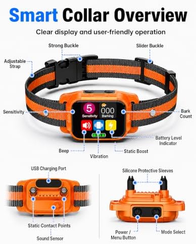 Smart Dog Bark Collar - Anti Barking Device for Large Medium Small Dogs, Stop Excessive Barking & Aggression Behavior, with 5 Modes & 5 Sensitivity, IP67 Waterproof for Indoor/Outdoor Use, Orange Pro