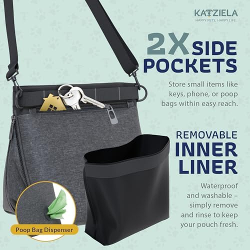 Katziela Expandable Pet Treat Pouch - Hands Free Dog Treat Pouch, Quick Access Magnet Closure - Anti Spill Dog Treat Bag - Treat Pouches for Pet Training, Adjustable Shoulder Strap & Belt Clip (Black)