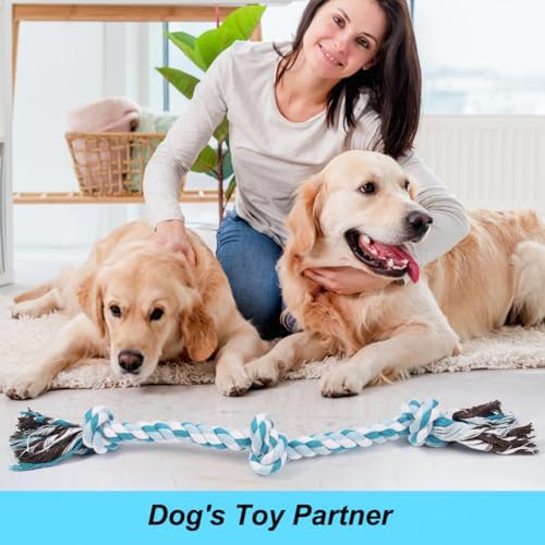 SZEE Dog Rope Toys, 24 in 3 Knots Chew Rope for Medium and Large Dogs, Natural Cotton Pet Pull Toy for Tug of War and Teeth Cleaning (Blue)