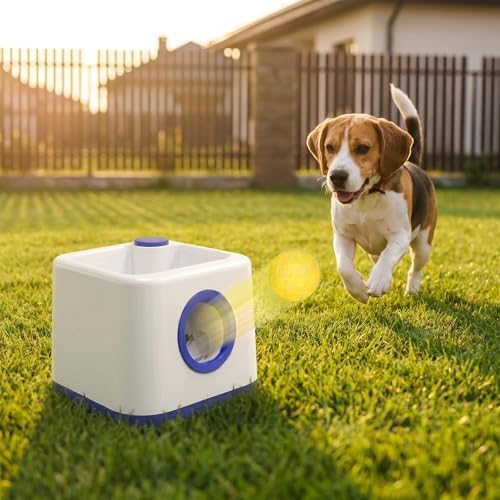 cjc Automatic Dog Ball Launcher,Interactive Fetch Toy for Small/MediumDogs,Pet Ball Thrower Machine for Outdoor Use with 5 PCS Balls,Adjustable Distance 20-40FT(Blue)