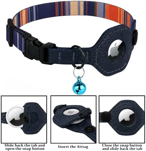 Breakaway Cat Collar with Leather AirTag Holder & Bell - Apple Air Tag Cat Collars for Girls & Boys, Lightweight Anti-Lost GPS Tracker Design, Printed Pattern - Safety and Adjustable (Multicolor)