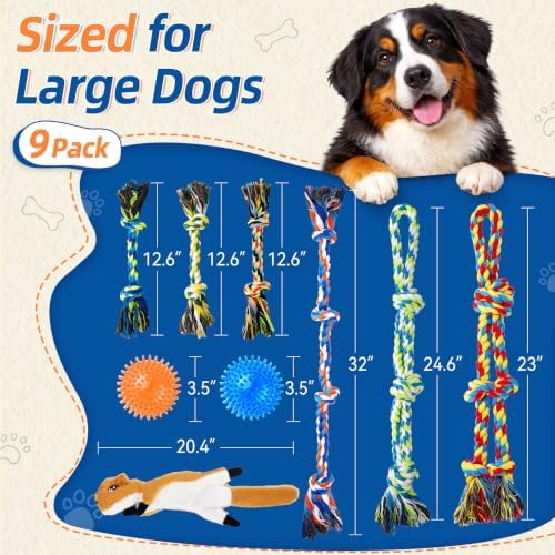 Forfon 9 Pack Dog Rope Toy Set for Large Dogs, Tough Dog Chew Toys for Aggressive Chewers, Interactive Tug of War Toys with Squeaky Plush & Squeaky Balls for Teeth Cleaning & Chewing