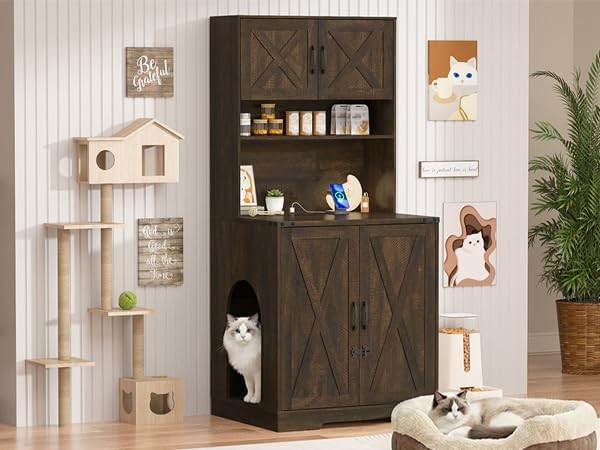 71Inches Tall Cat Litter Box Enclosure for Cats W/Power Outlets,Open Shelves.Wooden Pet Washroom Furniture W/Lock,Cabinet.White Indoor Cats House,Hidden Cat Litter Box for Living Room,Bedroom(Brown-2)