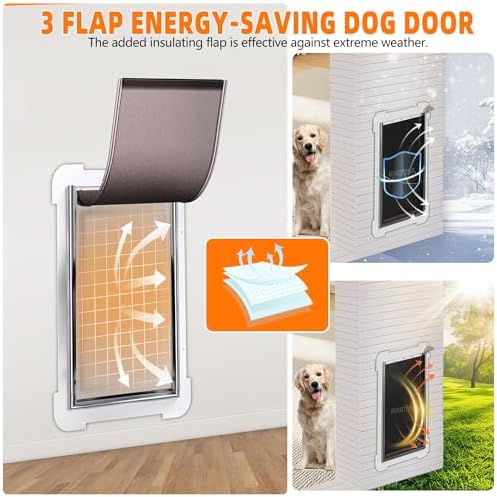 3-Flap Never Rust Extra Large Dog Door for Wall with Sliding Lock Panel | Steel Frame & Telescoping Tunnel Pet Door, Extreme Weather Durable, Weatherproof Doggy Door for Wall (Pets Up to 220 Lb)