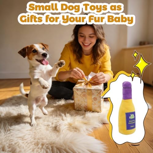 Champagne Bottle Squeaky Crinkle Dog Toy - Interactive Plush Chew Toys for Puppy Teething, Small Dogs, Aggressive Chewers and Keeping Busy