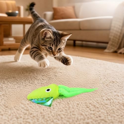Andiker Cat Toy with Catnip, Squid Shaped Cat Chew Toy with Long Tentacle and Crinkle Paper Interactive Kitten Toy for Kittens & Adult Cats (Green)