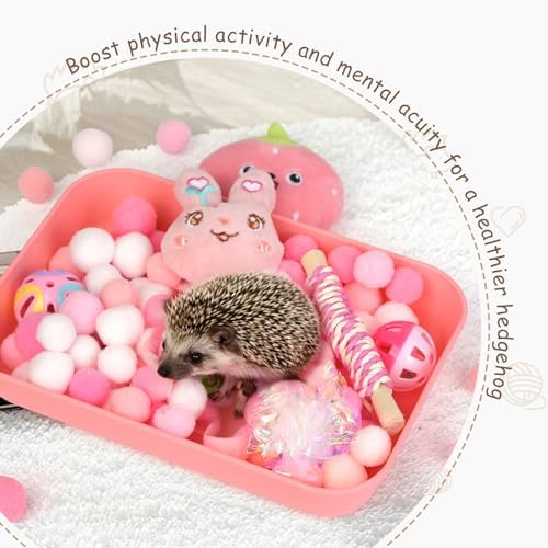 Hedgehog Accessories, Dig-Box Tray for Hedgehog Cage with Ball Toy, Small Animal Accessories Funny Dig-Box Tray Toys for Hedgehogs, Ball Bell Toy for Ferret Kitten Cat Hamster (Pink)