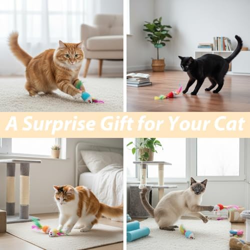 6 Pack Mouse Toys for Cats, Furry Rattle Interactive Mice Toys with Feather Tails Realistic Faux Fur Cat Mouse Toys for Indoor Cats & Kittens (6 Color)