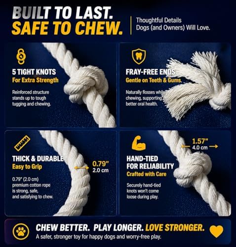 35" Dog Rope Tug Toy β 5-Knot Cotton Rope, Perfect Balance for Tug & Chew, Durable Interactive Toy for Medium & Large Dogs (22β88 lbs), Indoor & Outdoor, Washable, White