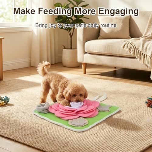 Rabbit Foraging Mat, Interactive Feed Game for Boredom, 13" × 13" Soft Pet Feeding Mat Toy for Rabbits, Guinea Pigs and Puppies, Includes Cleaning Brush & Stainless Steel Hook