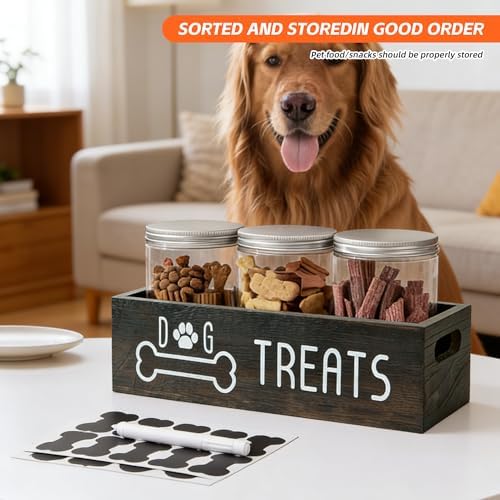 Dog Treat Container with 3 Airtight Jars, Wood Pet Organizer, Black