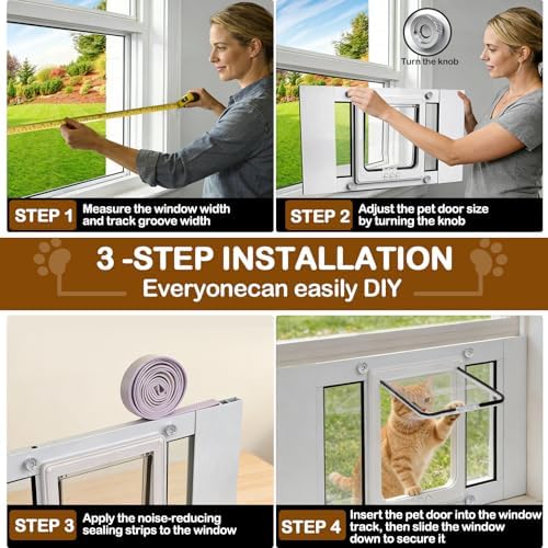 Cat Door for Window, Quick Installation Adjustable Width of 24"-28", 4 Locking Modes, Magnetic Closure Design, Weatherproof Cat Door Window Insert