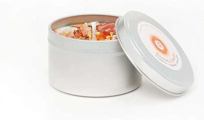 Sacral Chakra Candle by New Moon Beginnings - Chakra Candles - Dried Flower, Herb, & Crystal Candles - Aromatherapy Candles - Soy Candle - 8oz Tin