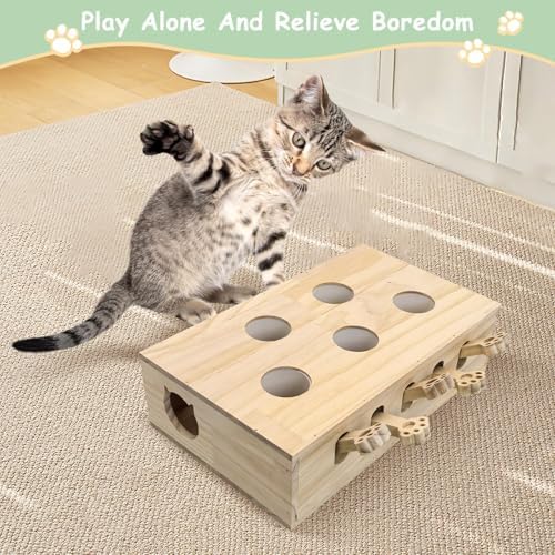 kathson Whack A Mole Cat Toy, Wooden Enrichment for Indoor Cat, Interactive Kitten Puzzle Toy for All Ages Cats Intelligence Training and Exercise (Rectangular)