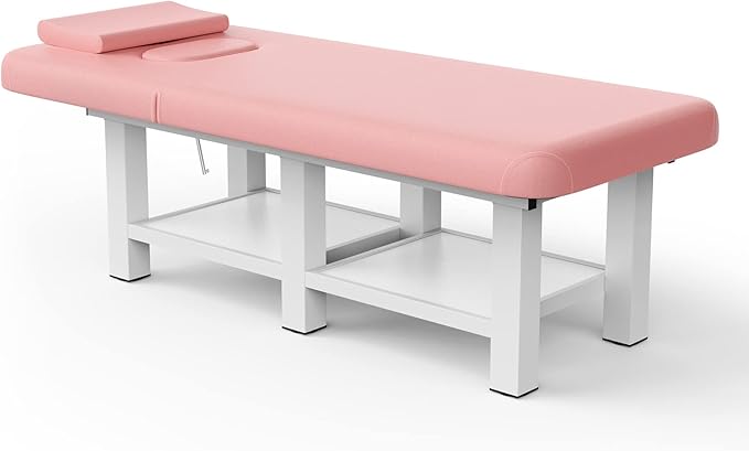Metal Frame Wide Stationary Massage Table for Treatment Table Physical Therapy Table Spa Facial Bed, PU Leather 31.5'' Wide 75'' Long (Pink, Integral Structure)