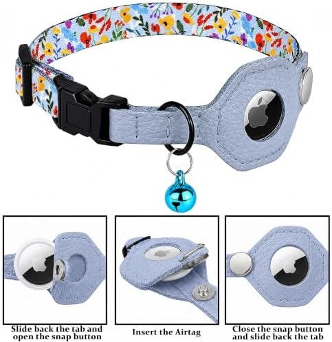Breakaway Cat Collar with Leather AirTag Holder & Bell - Apple Air Tag Cat Collars for Girls & Boys, Lightweight Anti-Lost GPS Tracker Design, Printed Pattern - Safety and Adjustable (Floral)