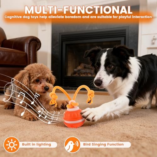 Interactive Dog Toy with Rope, 2026 Upgraded 3 Modes 360° Smart Automatic Rolling Moving Rechargeable Moving Fetch Dog Toy Ball for Boredom(Orange)