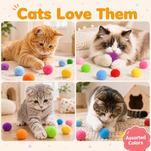 100 Pcs Cat Pom Pom Balls, 1 Inch Colorful Cat Toy Balls