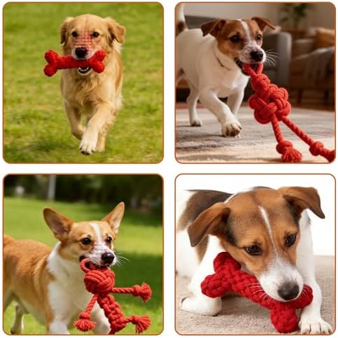 3 Pack Cotton Rope Dog Toy Set, Indestructible Chew Toys for Aggressive Chewers, Puppy Teething Toys with Bone, Human & Chinese Knot Designs for Boredom Relief & Tug of War, Red