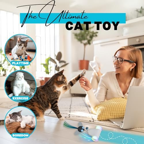 Rolling Rover – Interactive Cat Toy with RGB Wheels, Automatic Moving Mouse-Shaped Design, Feather Butterfly and Bell Attachments, Smart Motion Activated for Indoor Cats & Kittens (Blue)