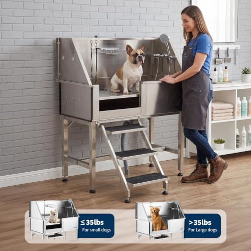 Professional Stainless Steel Dog Washing Station 46 Inch – Heavy Duty Pet Grooming Bathtub – Brushed Finish – Access Stairs – Grooming Arm & Showerhead – for Home or Salon – Left Opening Door