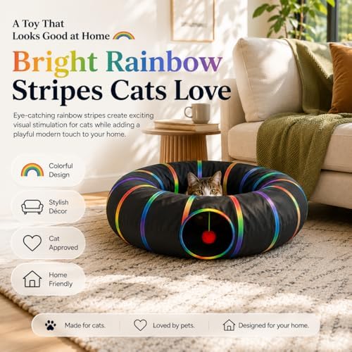 Cat Tunnel Toy with Plush Ball & Cat Wand Feather Toys-Portable Tattaff Waterproof Washable-Interesting Pattern Collapsible Black Rainbow