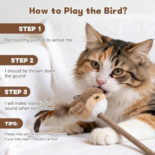 Interactive Cat Toy for Indoor Cats, Chirping Bird Cat Toy with Green Turf Base, Flying Bird Cat Toy with Real Bird Sound and Feather Tail, Cats Exercise & Kicker to Self Play