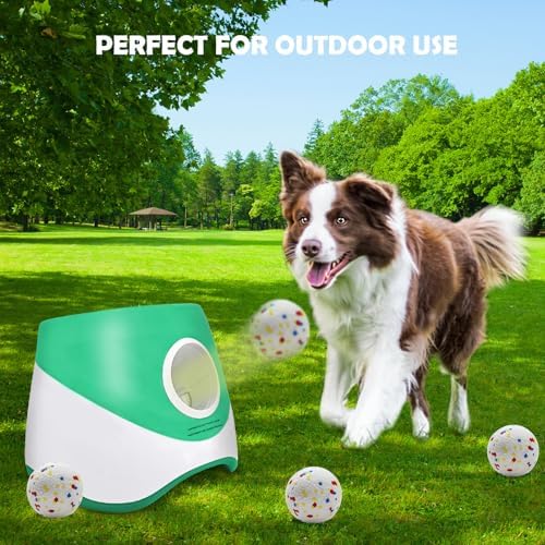MEKAPLE Automatic Dog Ball Launcher for Samll to Medium Dogs, Upgraded Interactive Toy Balls Thrower, Distance Adjustable Mental Stimulating Dog Toys with 4 Etpu Balls 2.2 Inch (Green)