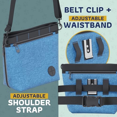 Katziela Expandable Pet Treat Pouch - Hands Free Dog Treat Pouch, Quick Access Magnet Closure - Anti Spill Dog Treat Bag - Treat Pouches for Pet Training, Adjustable Shoulder Strap & Belt Clip (Blue)