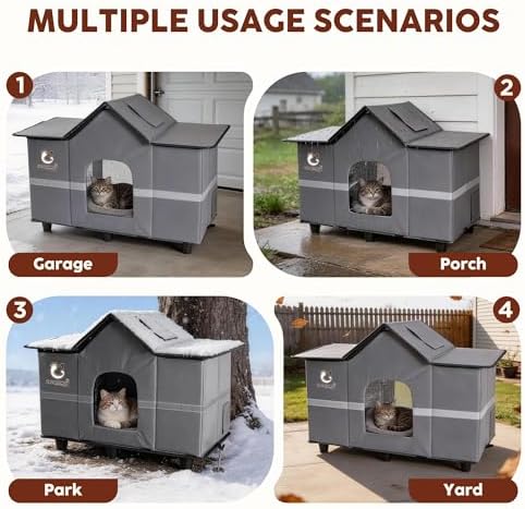 Large Weatherproof Outdoor Cat House with Heated Pad 28" x 16" x 17" Grey