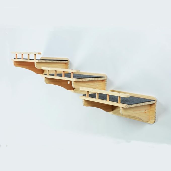 SHENGOCASE 47.2" x 11.8" Natural Solid Wood Wall Mounted Cat Shelves, Superhighway Walkway Balcony with Guardrail Wall Furniture, Steps Stairs, Perch