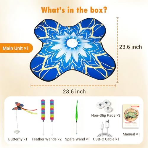 Hide and Seek Cat Toy Mat, 3-in-1 Interactive Cat Toy for Indoor Cats with Fluttering Butterfly, Dual Concealed Feather Wands, 3 Prey Sounds and Touch Activation (Blue)