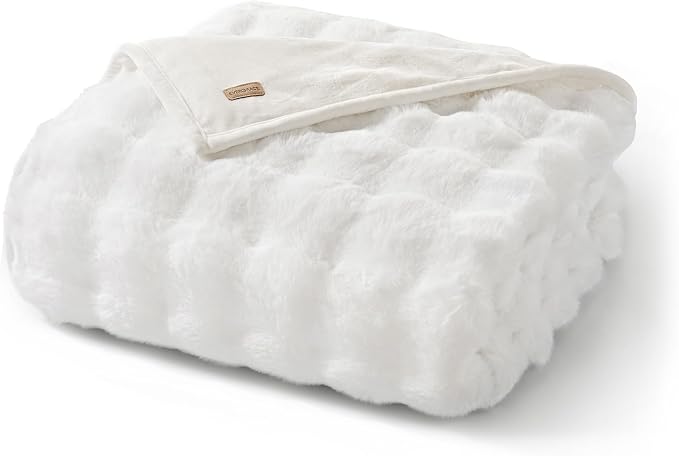 Faux Rabbit Fur Bubble Throw Blanket, 50"x60", Bright White | Ultra Soft, Luxury Faux Rabbit Fur Throw, Thick Warm Bubble Blanket, Cozy Fluffy Reversible, for Bed, Couch, Chair, Sofa