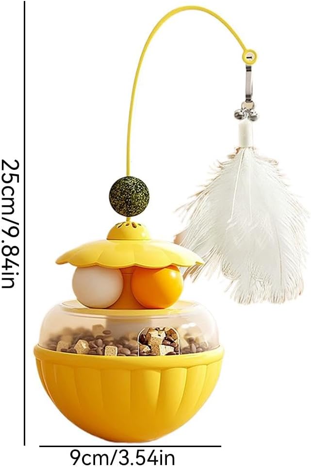 Cat Tumbler Food Dispenser Toy, 3-in-1 Slow Feeder Interactive Cat Puzzle with Dual Track Balls & Feather Wand, Self-Balancing Cat Treat Toy for Indoor Cats, Boredom Buster for Anxiety Relief
