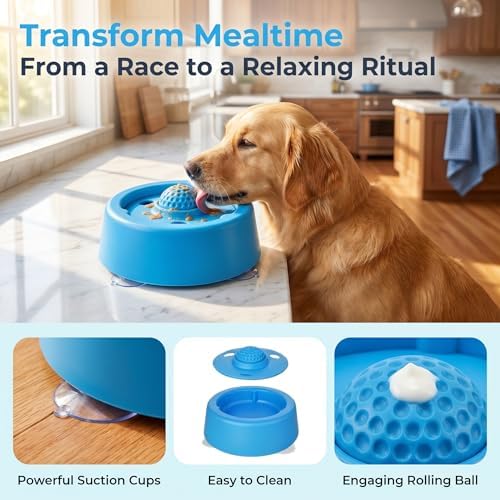 Dog Lick Bowl with Roller Ball, Slow Feeder, Blue